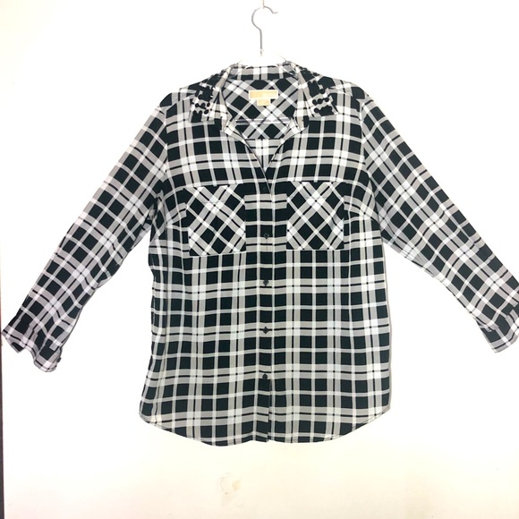 Michael Kors Tops - Michael Kors Blouse Plaid Rhinestone Size 0X Sheer Button Up Sleeves Western